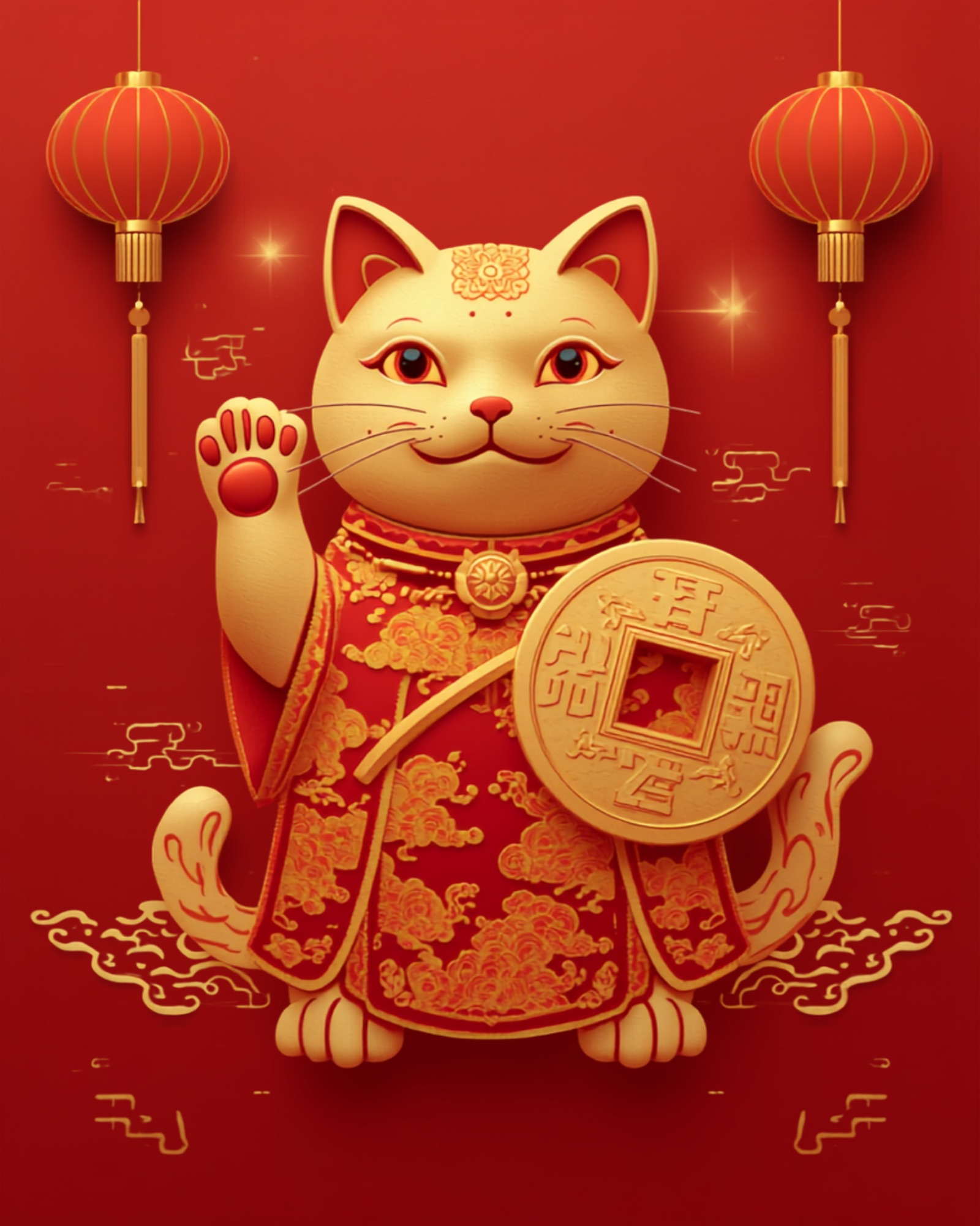 Zushi, a golden fortune cat in an imperial silk robe, one paw raised, holding an ancient coin
